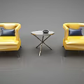 Yellow Armchairs With Blue Pillows And Round Side Table In Gray Space With Reflections 3d model