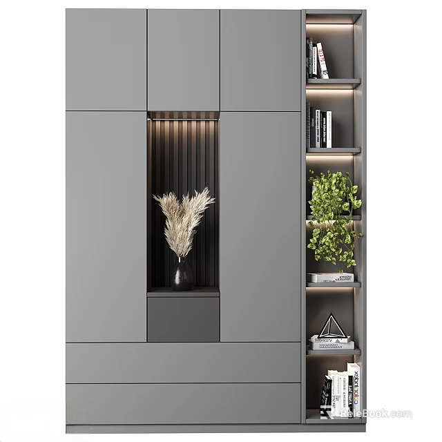 Modern Gray Storage Shelf Unit With Built-in Lighting Dried Pampas Grass Green Plants And Books 3d model 