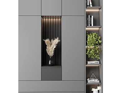 Modern Gray Storage Shelf Unit With Built-in Lighting Dried Pampas Grass Green Plants And Books 3d model