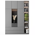 Modern Gray Storage Shelf Unit With Built-in Lighting Dried Pampas Grass Green Plants And Books