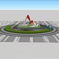 Red Abstract Sculpture Featuring Curved Flowing Shapes in Circular Garden Bed with Trees and Bamboo