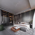Modern Bedroom With Large Bed Gray Walls Floor to Ceiling Windows City View