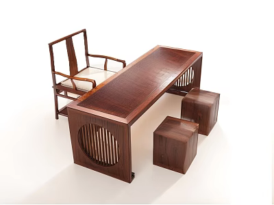 Traditional Chinese Wooden Tea Table And Chairs With Stools And Carved Design 3d model