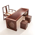 Traditional Chinese Wooden Tea Table And Chairs With Stools And Carved Design