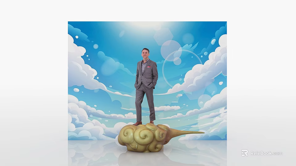 Event Backdrop With Blue Sky White Clouds And Man In Suit On Cloud Shaped Object 3d model 