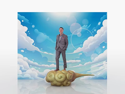 Event Backdrop With Blue Sky White Clouds And Man In Suit On Cloud Shaped Object 3d model
