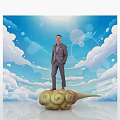 Event Backdrop With Blue Sky White Clouds And Man In Suit On Cloud Shaped Object