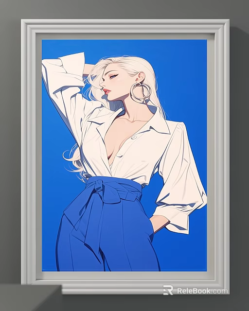 Portrait Of White Haired Female In White Shirt Blue High Waisted Pants Against Blue Background 3d model 