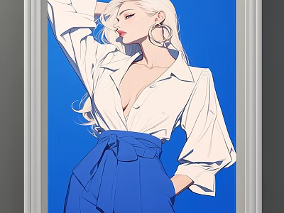 Portrait Of White Haired Female In White Shirt Blue High Waisted Pants Against Blue Background 3d model