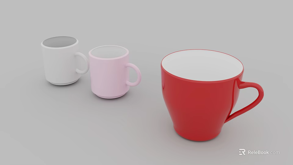 Elegant Ceramic Tea Mugs Set Featuring White Pink And Red Tones 3d model
