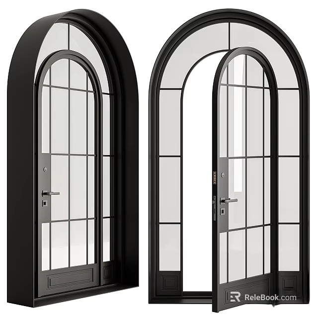 Modern Black Frame Hinged Doors With Arched Grid Glass Design For Interior Use 3d model 