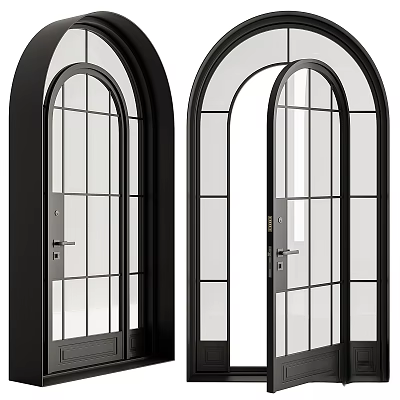 Modern Black Frame Hinged Doors With Arched Grid Glass Design For Interior Use 3d model
