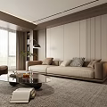 Modern Living Room Interior With Beige Sofa Throw Pillows Wooden Vertical Paneling Wall And Staircase