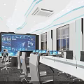 Modern Monitoring Room With Large Screen Data Charts Multiple Computers Starry Ceiling And Blue Lighting