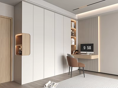 Modern White Wardrobe Room Interior with Open Shelving Lighting Brown Chair and Desk 3d model