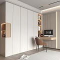 Modern White Wardrobe Room Interior with Open Shelving Lighting Brown Chair and Desk