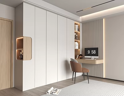Modern White Wardrobe Room Interior with Open Shelving Lighting Brown Chair and Desk 3d model