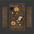 Rustic Wooden Table And Bench With Fresh Bread Cheese Eggs Mugs Bowls And Clay Vase