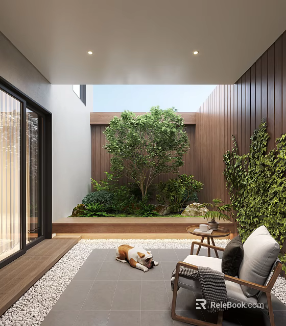 Serene Courtyard Garden With Lush Green Plants Large Tree Wooden Wall Outdoor Seating And Stone Flooring 3d model 