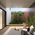 Serene Courtyard Garden With Lush Green Plants Large Tree Wooden Wall Outdoor Seating And Stone Flooring