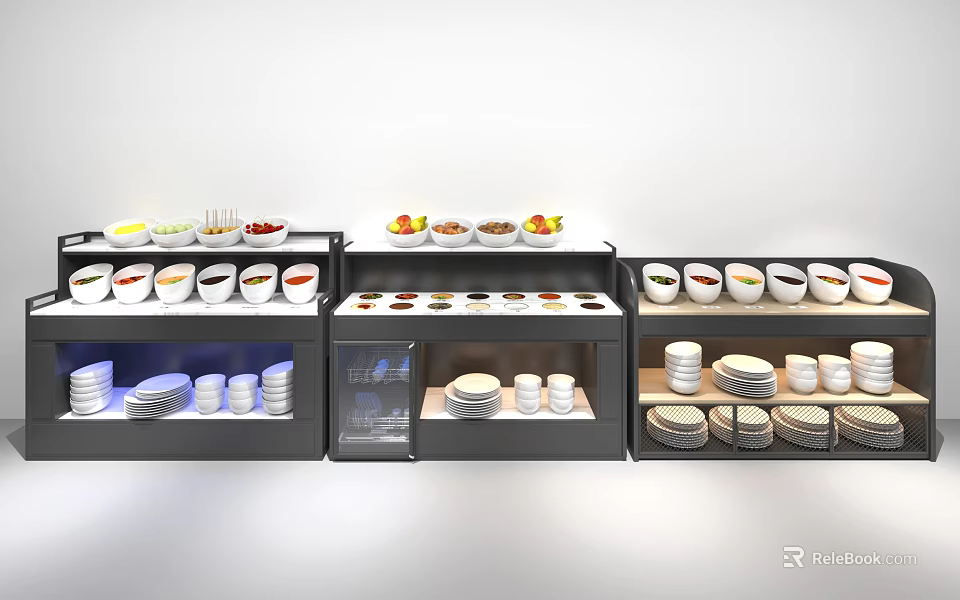Hotpot Restaurant Self Service Condiment Bar With Fresh Fruits And Tableware 3d model 