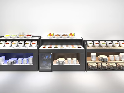Hotpot Restaurant Self Service Condiment Bar With Fresh Fruits And Tableware 3d model