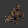 Game Movie Character Rhinoceros With Large Horns And Stacked Weapons On Back