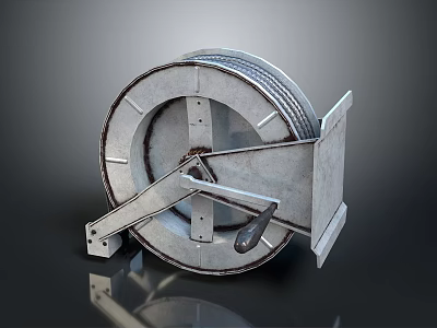 Industrial Metal Cable Reel With Handle And Worn Metallic Finish On Dark Background 3d model