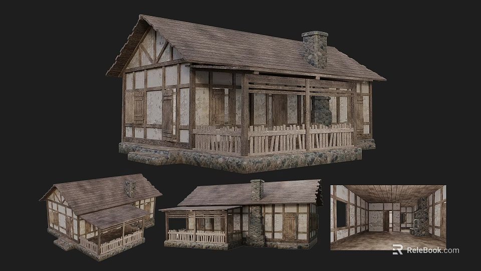 Rustic Wooden House Exterior And Interior With Stone Foundation Porch And Chimney 3d model 