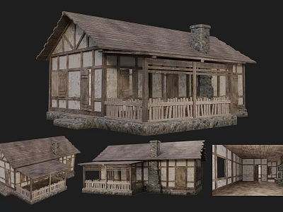 Rustic Wooden House Exterior And Interior With Stone Foundation Porch And Chimney 3d model