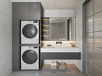 Modern Bathroom With Stacked Washing Machine Dryer Gray Cabinets And Marble Countertop Sink Mirror Storage 3d model
