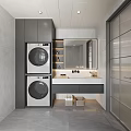 Modern Bathroom With Stacked Washing Machine Dryer Gray Cabinets And Marble Countertop Sink Mirror Storage