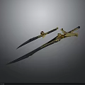 Two Decorative Swords Long And Short With Blue Blades And Golden Hilts