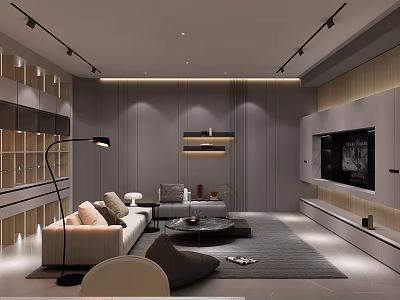 Modern Living Room Interior With Sofa Rug Floor Lamp And TV Wall Elements 3d model