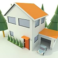 Cartoon Scene of House with Orange Roof White Body Balcony Green Trees and Car