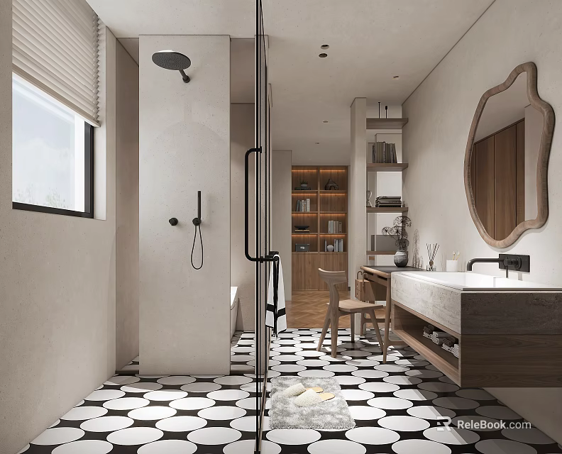 Minimalist Bathroom With Shower Large Mirror Wooden Vanity And Tiles 3d model 