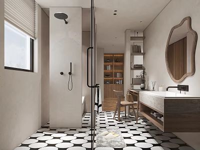 Minimalist Bathroom With Shower Large Mirror Wooden Vanity And Tiles 3d model