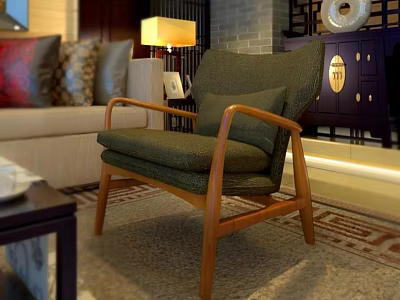 Cozy Single Sofa With Wooden Frame Green Upholstery And Table Lamp In Living Room 3d model