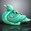 Teal Duck Sculpture With Reclining Posture And Decorative Ornaments On Back