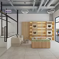 Minimalist Store Interior With White Shelves Wooden Counters And Hanging Lights