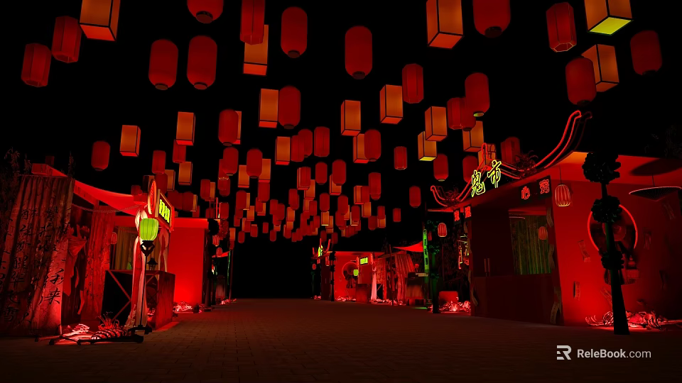 Ghost Market Street Night Scene With Red Lanterns And Traditional Buildings 3d model 