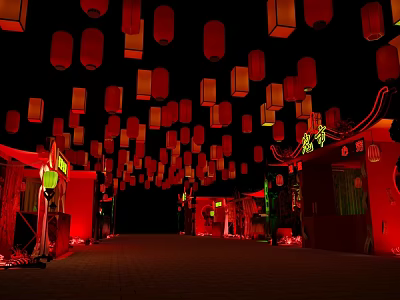 Ghost Market Street Night Scene With Red Lanterns And Traditional Buildings 3d model