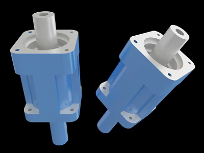Blue Industrial Hydraulic Cylinders With Square Base And White Top Parts 3d model
