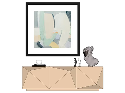 Beige Geometric Cabinet With Abstract Painting Books Cup And Decorative Items 3d model