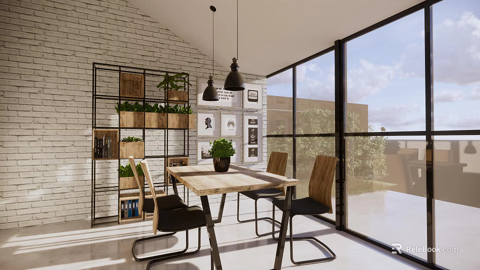 Modern Dining Table Set with Brick Wall Open Shelving Plants Pendant Lights and Large Windows 3d model 
