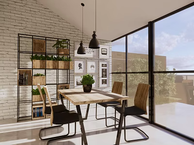 Modern Dining Table Set with Brick Wall Open Shelving Plants Pendant Lights and Large Windows 3d model