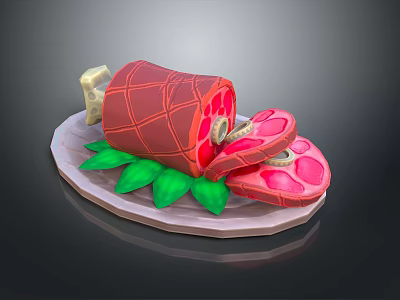 Sliced Roast Ham on Platter with Fresh Green Decorative Leaves Serving 3d model