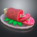 Sliced Roast Ham on Platter with Fresh Green Decorative Leaves Serving