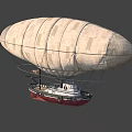 Vintage Airship Featuring White Fabric Envelope And Suspended Red Hull With Metal Framework