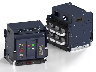 Dark Blue Industrial Equipment Enclosure with Control Panel Buttons Indicator Lights and Internal Module Slots 3d model